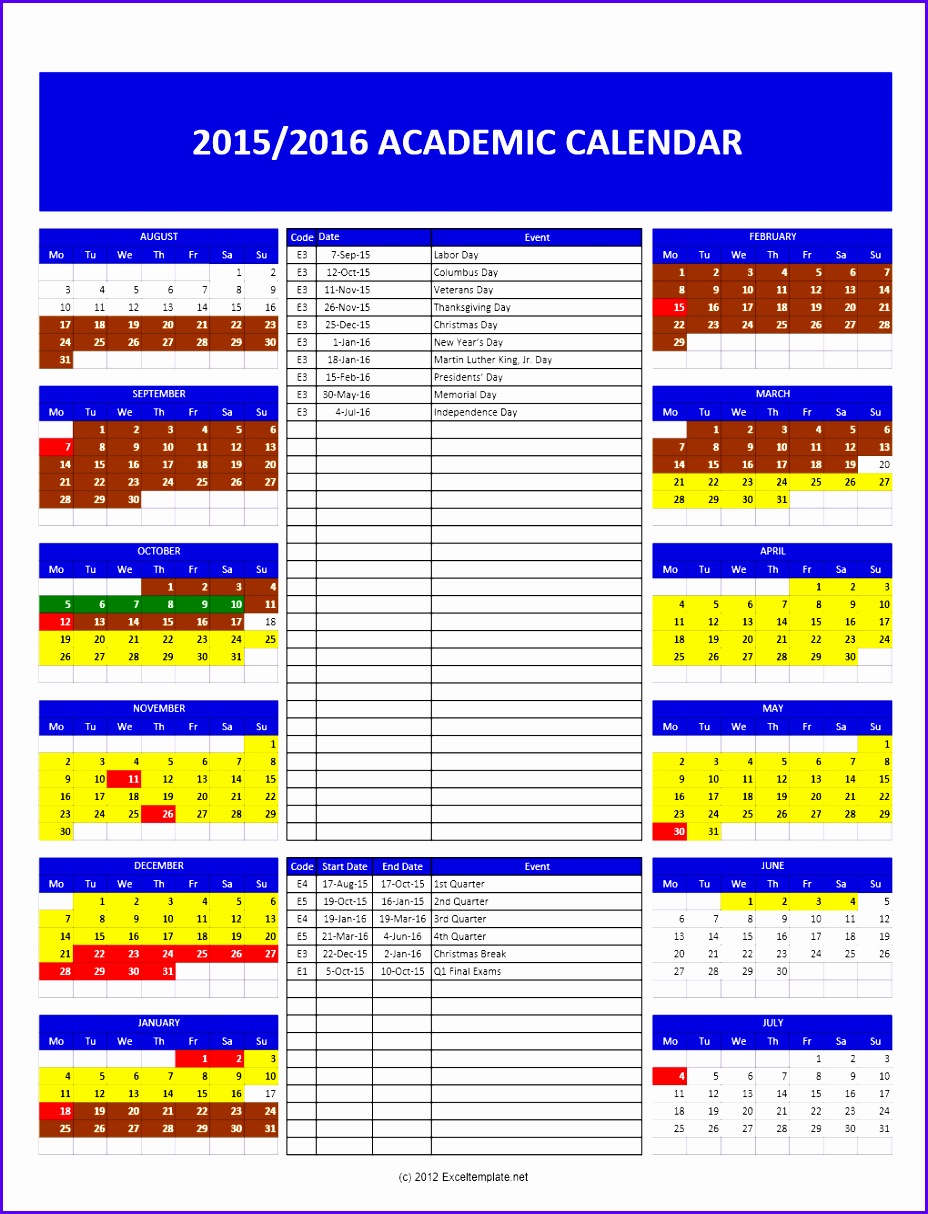2015 2016 Academic Calendar Excel 9281214