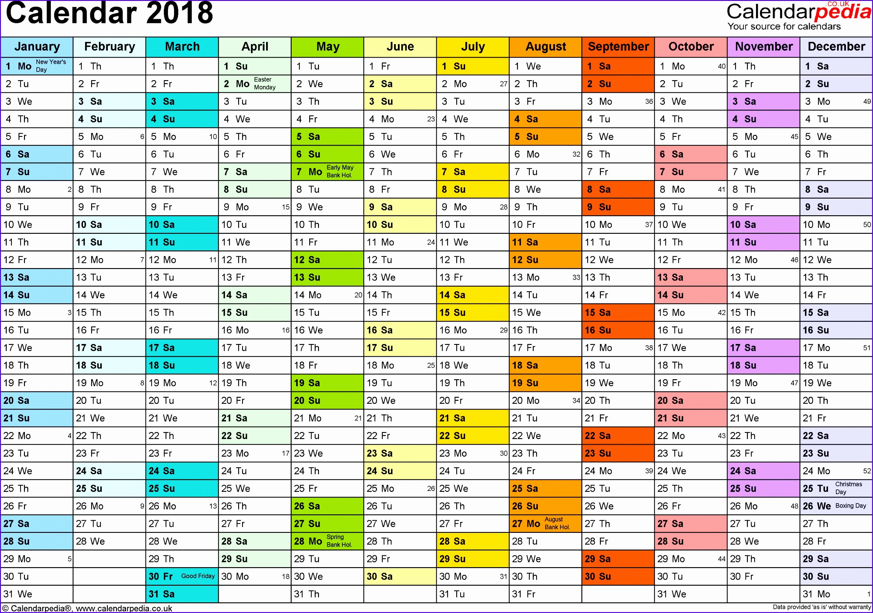 2018 Calendar Excel 28742019