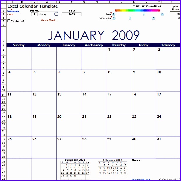 Original Excel Calendar Template Screenshot