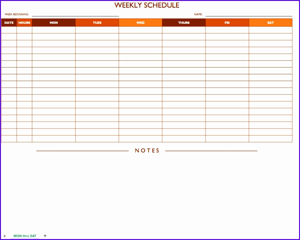 Mon Sat Weekly Work Schedule Template with Notes 975779