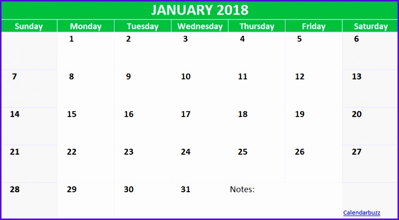 January 2018 Excel Calendar Template