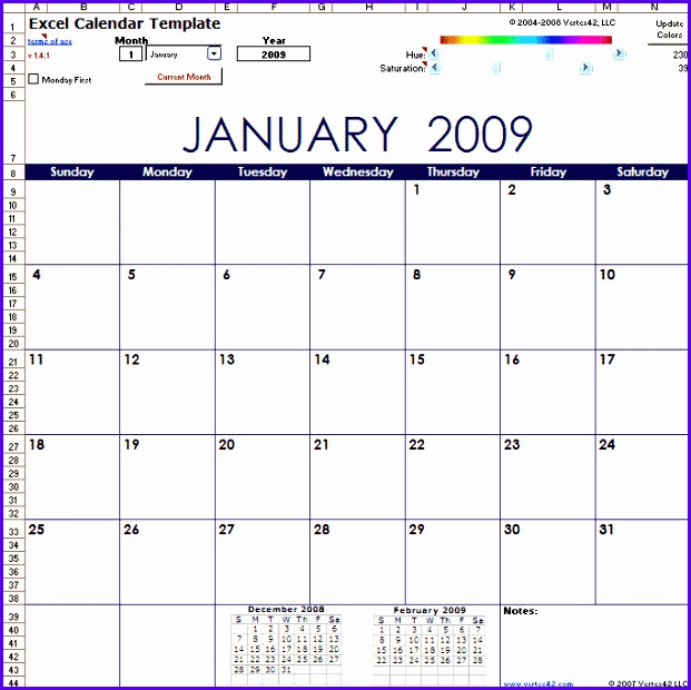 Original Excel Calendar Template Screenshot 621620