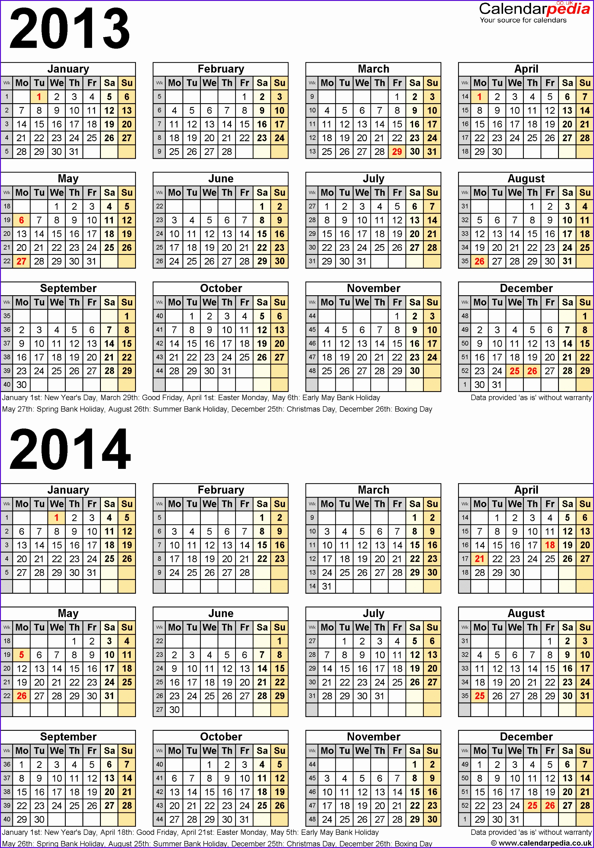 Template 4 Word template for two year calendar 2013 2014 portrait orientation 20322901