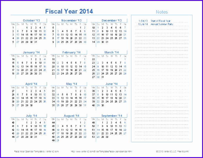 Fiscal Year 2014 Calendar view screenshot FY2014 Calendar Template