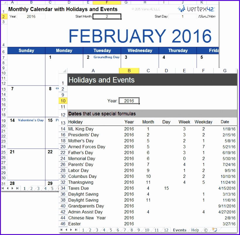 Monthly Calendar with Holidays for Excel