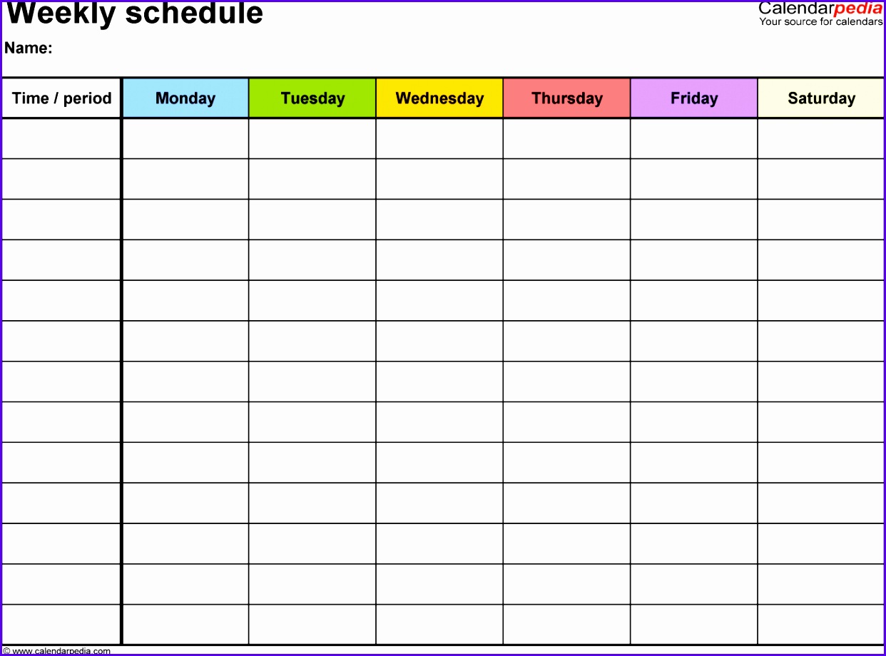 Weekly schedule template for Excel version 7 landscape 1 page Monday to Saturday