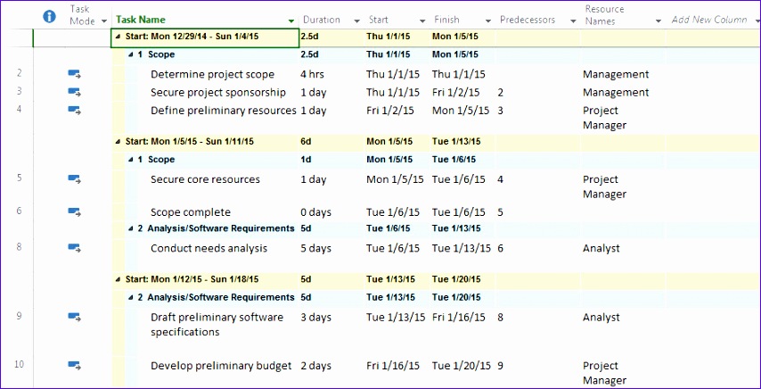 view project plan by week in a tabular format