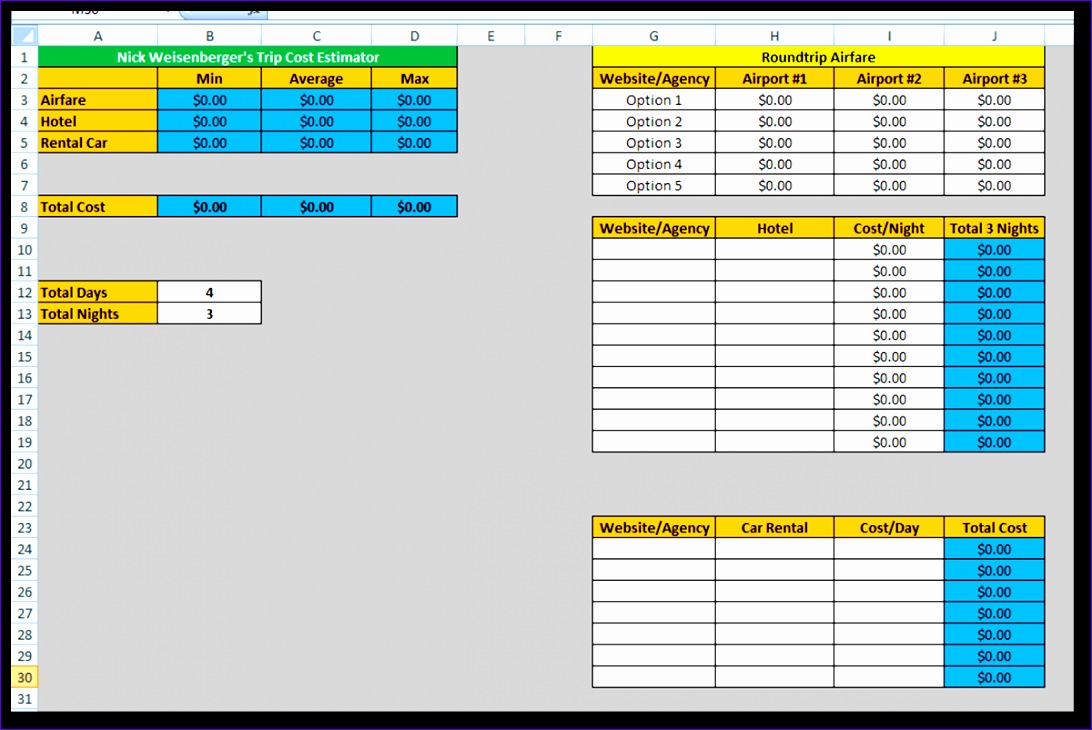 estimating spreadsheet template