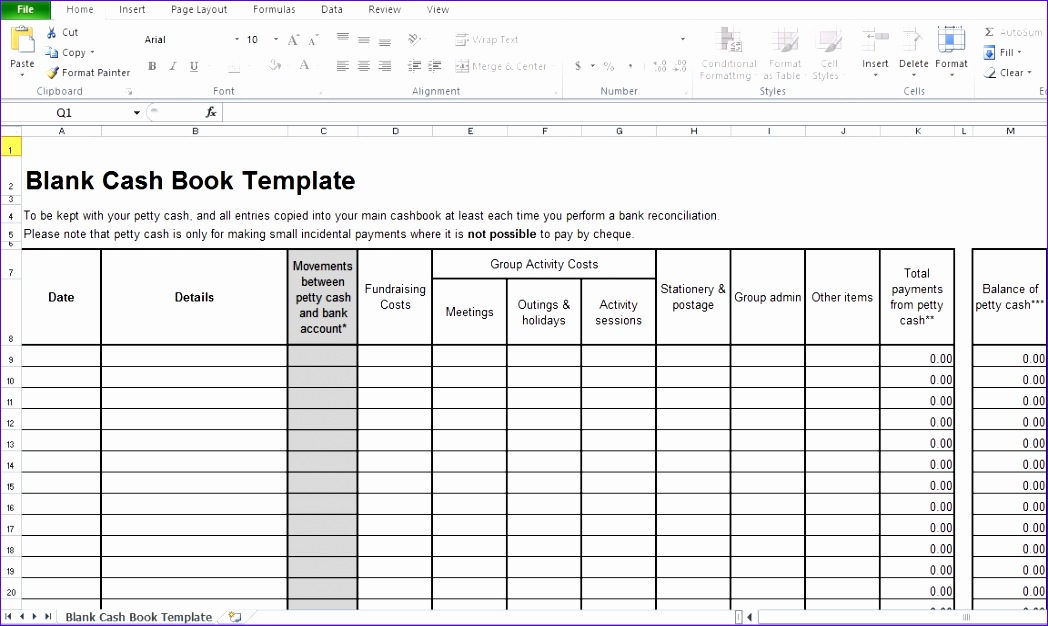 blank cash book template for business