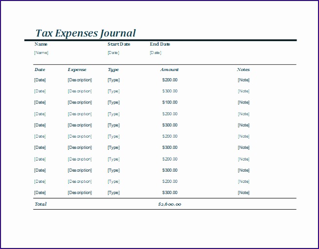 tax expense journal template