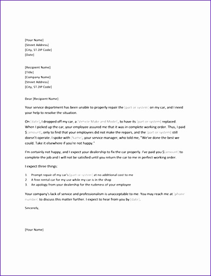 Letter of plaint regarding in plete vehicle repair TM 422552