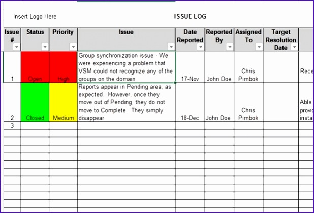 provide a project issue log in excel 618420
