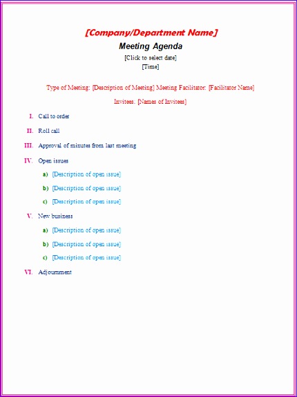 meeting agenda schedule template printable 430574