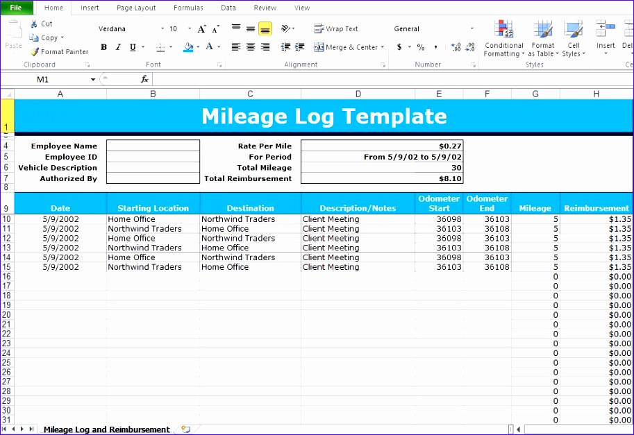 mileage log excel template