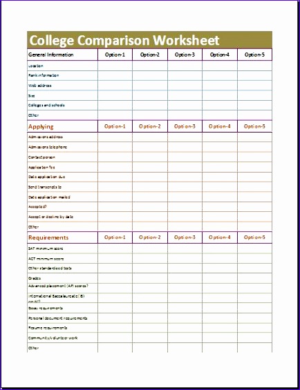 College parison Worksheet for MS EXCEL 695x8 college parison worksheet 434565