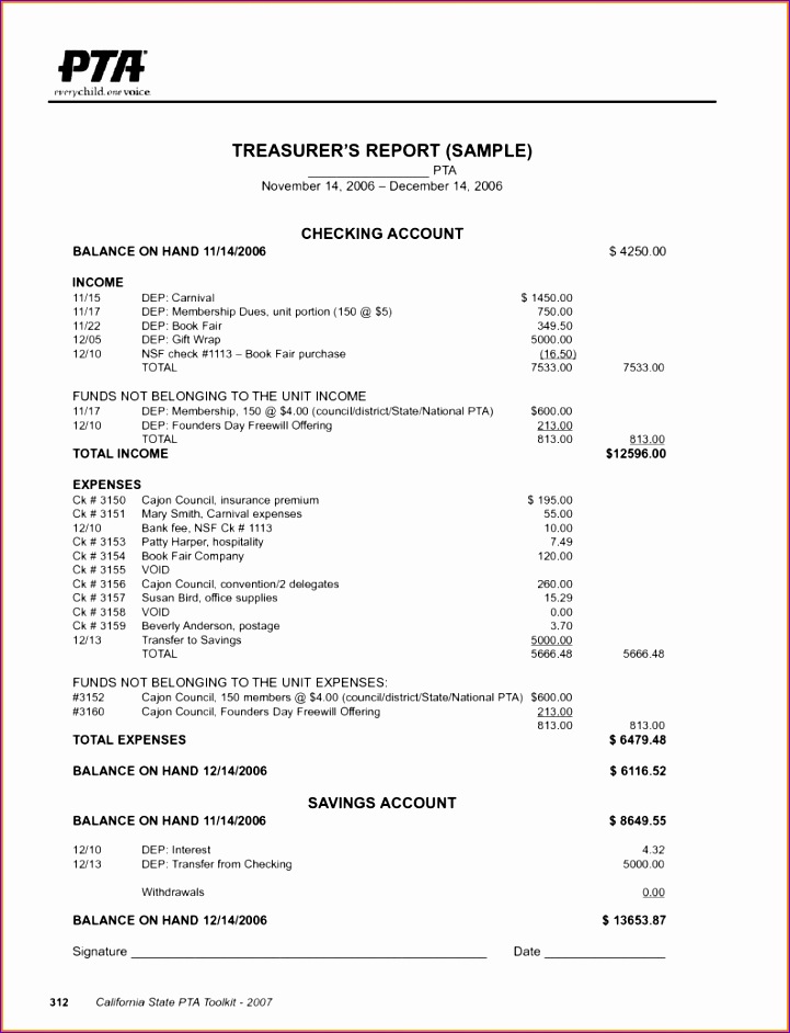 annual financial report template pta treasurer excel non profit bud 721942