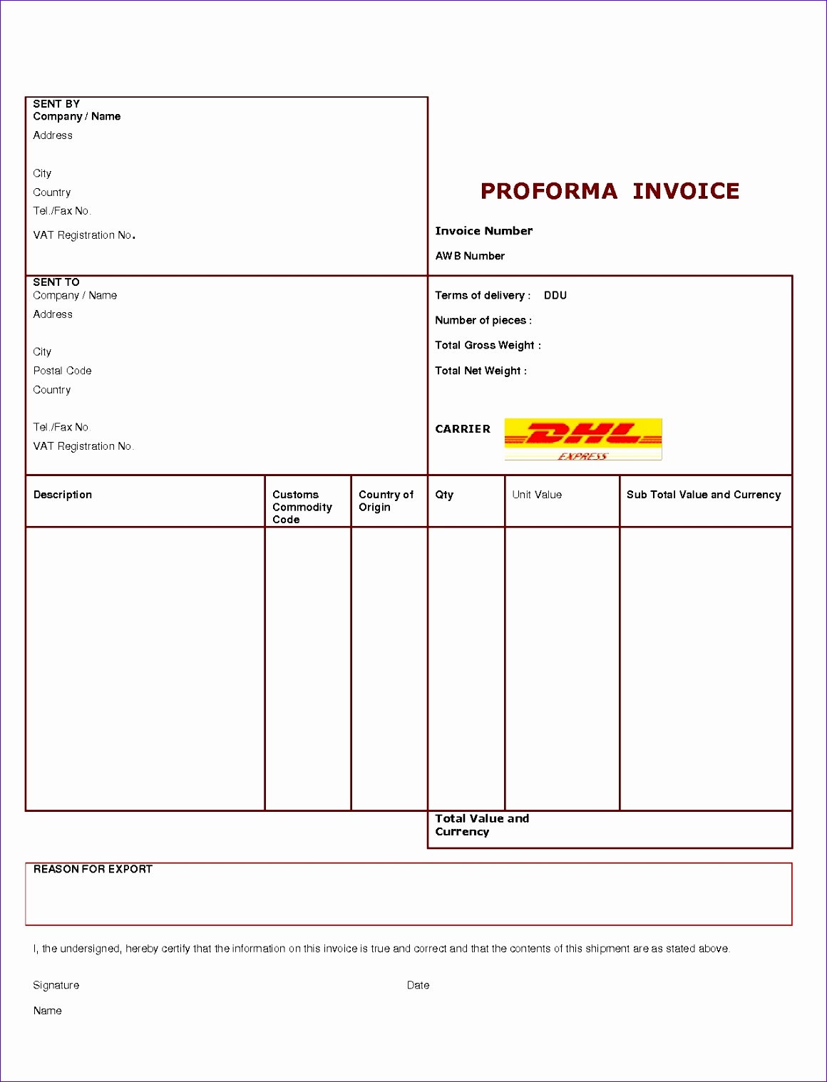 dhl invoice template 2556 11601518