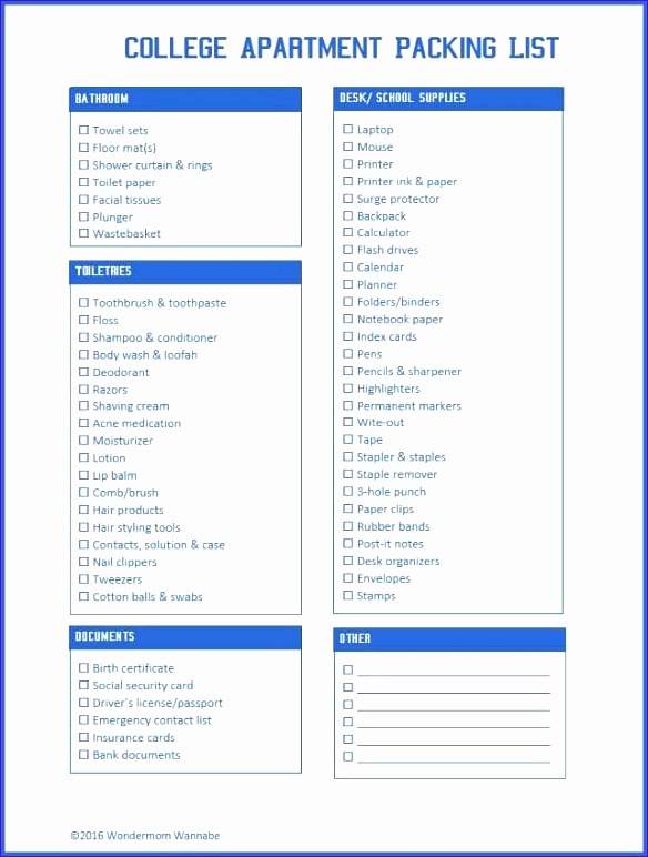 printable college apartment packing list