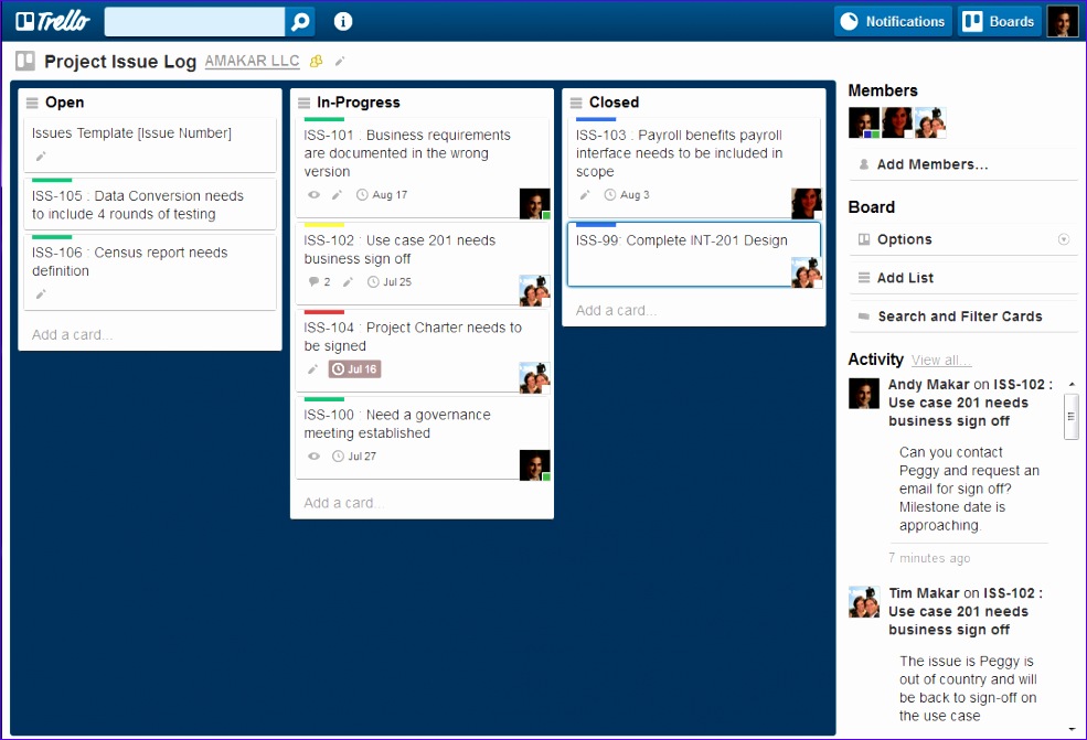 create a project issue log in trello 985671