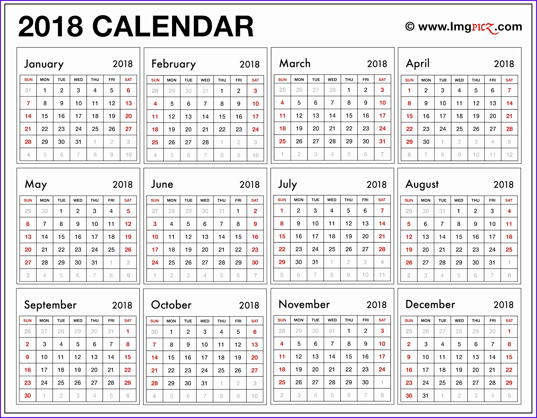 Printable 2018 Calendar Excel Template
