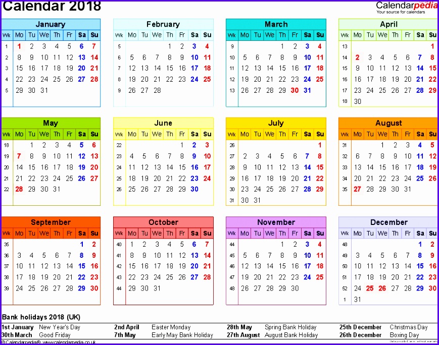 Template 8 Yearly calendar 2018 as Excel template landscape orientation year at a 869684