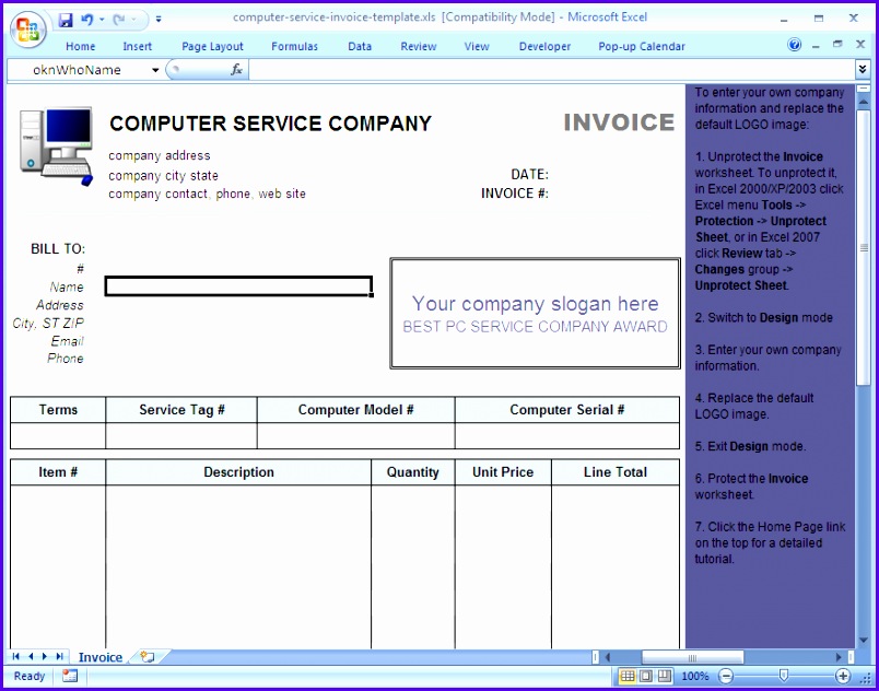 puter Service Invoice Template Excel worksheet 804632