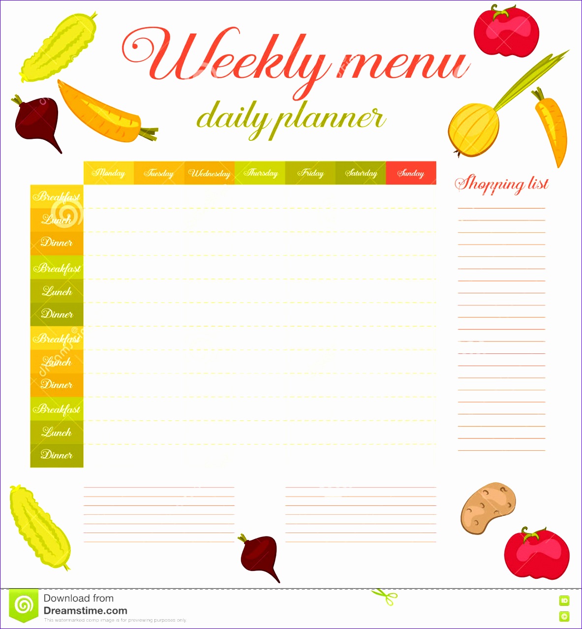 stock illustration weekly menu cute vintage planner paper note week healthy eating routine breakfast lunch dinner calendar template shopping image 11831278