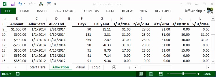 excel formula to allocate an amount into monthly columns