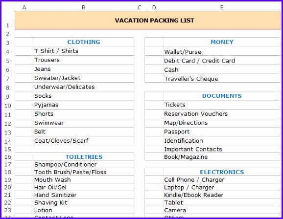 Free Excel Templates Vacation Packing List Double 578448