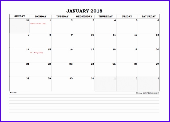 2018 excel monthly calendar with notes