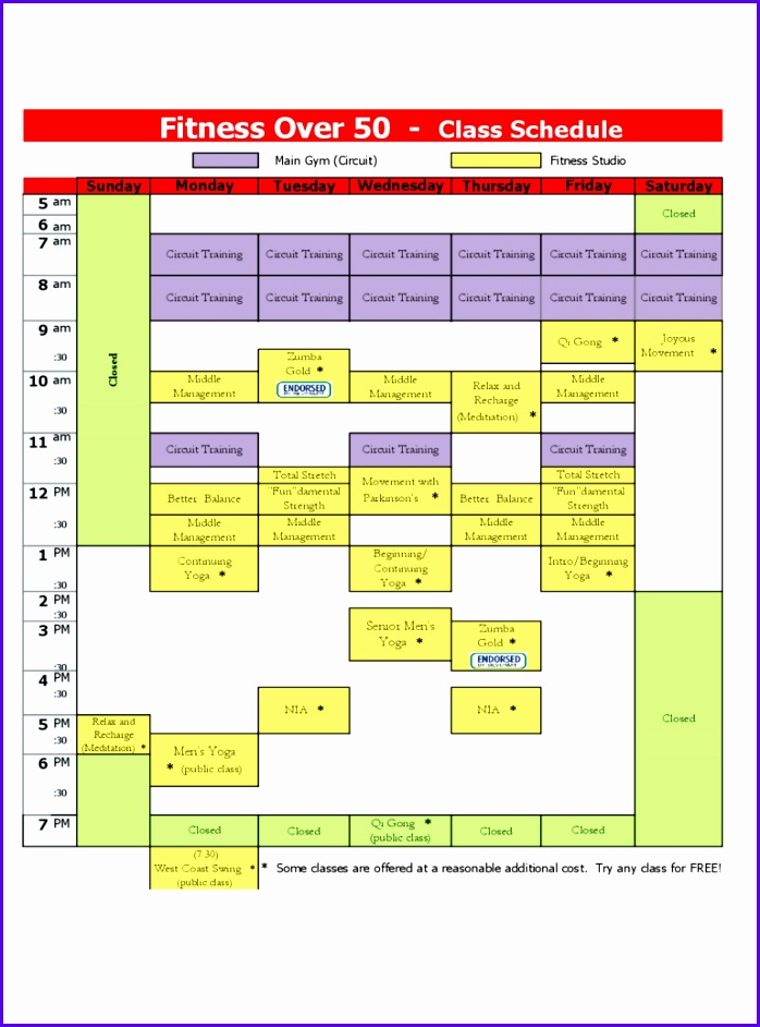 Fitness over 50 Class Schedule