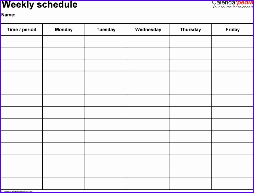 Weekly schedule template for Excel version 2 landscape 1 page Monday to Friday 832635