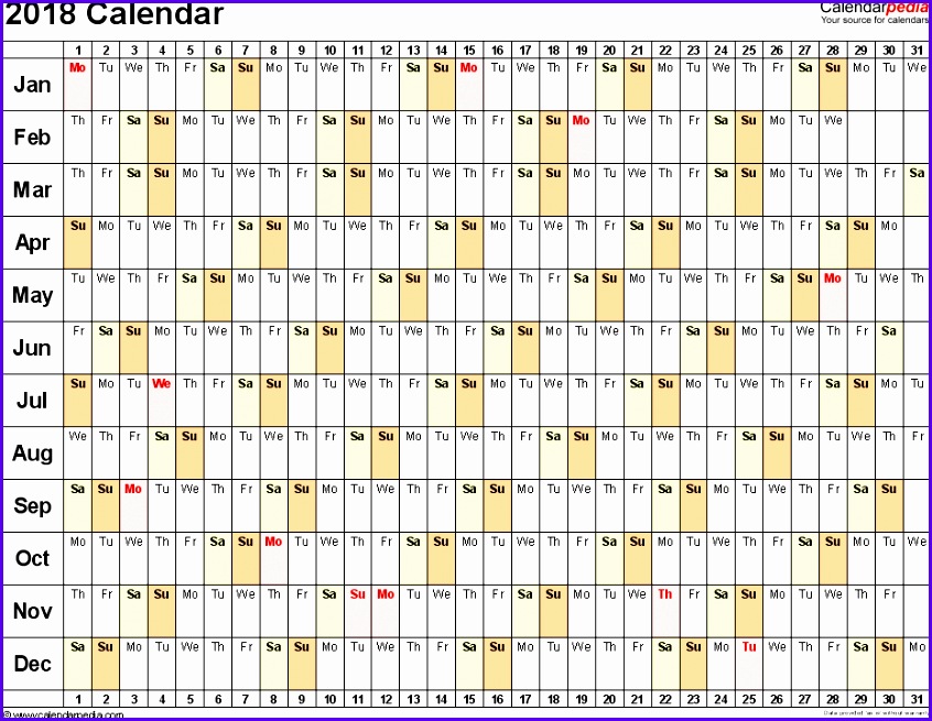 Template 3 2018 Calendar for Excel linear days horizontally 1 page 846655