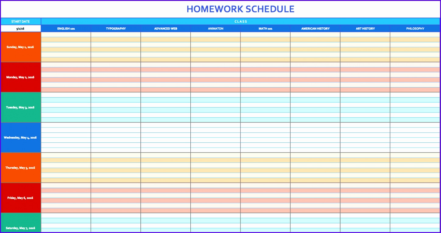 Homework Schedule Template 1448767