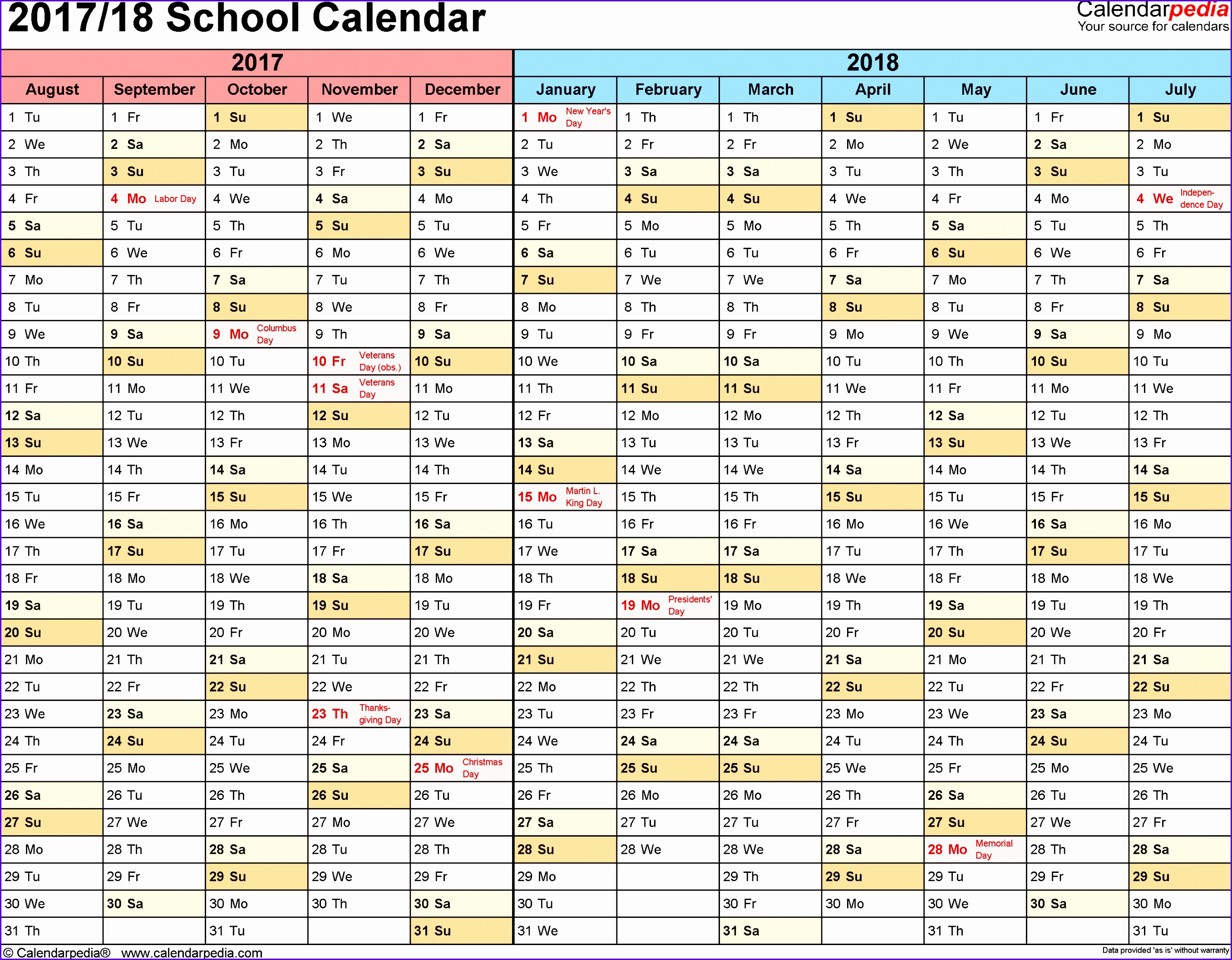 Template 1 School calendar 2017 18 for Excel landscape orientation months horizontally 27142116