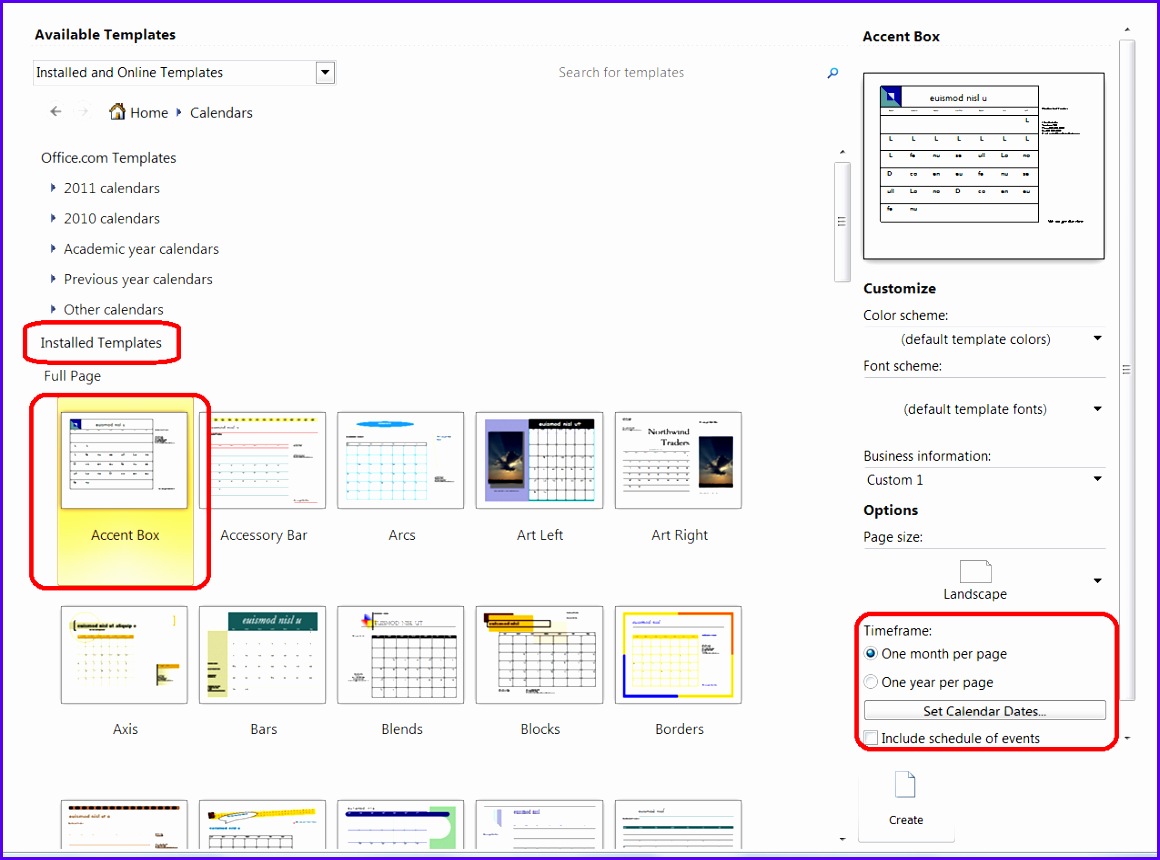 Create a new calendar from a built in Publisher template 1160860