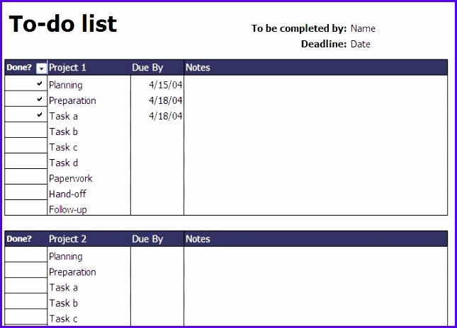 Format of MS Excel to Do List Templates 645464