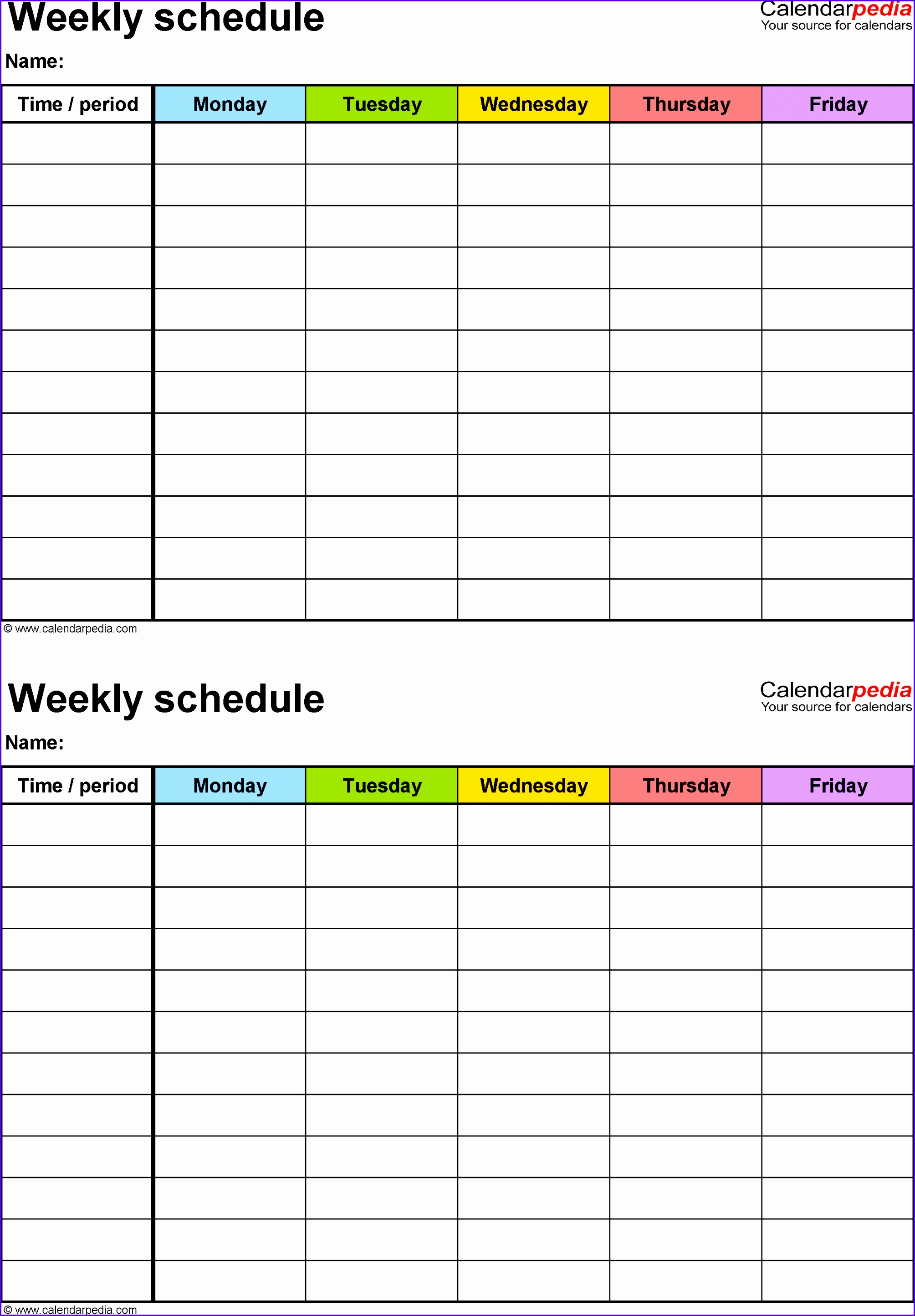Weekly schedule template for Excel version 3 2 schedules on one page portrait 20092888