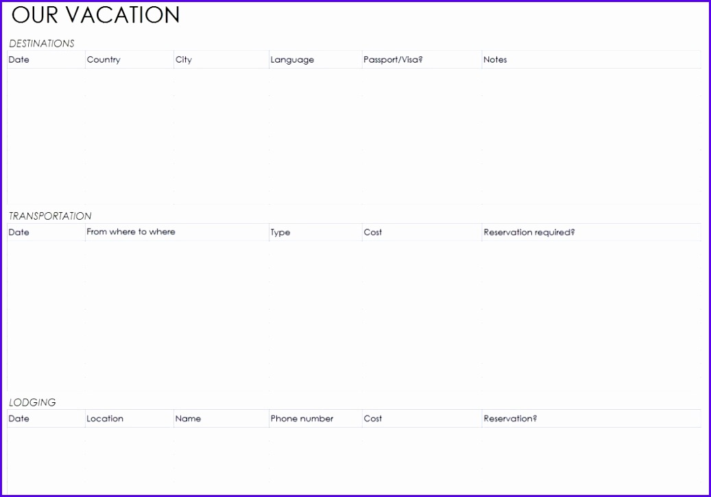 Travel Vacation Trip Itinerary Template Word Excel
