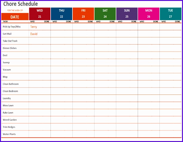 Weekly chore schedule Weekly chore schedule Excel 614478