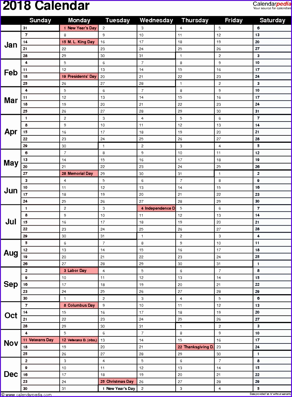 Download Excel template for 2018 calendar template 16 portrait orientation 1 page with 9891343