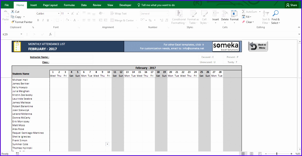 Attendance Sheet Printable Excel Template Template Screenshot Image 4 Someka 1242644