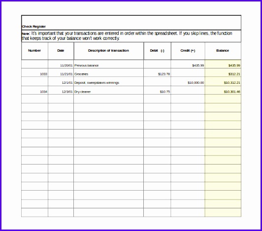 Checkbook Register Free Excel Format Template 532469