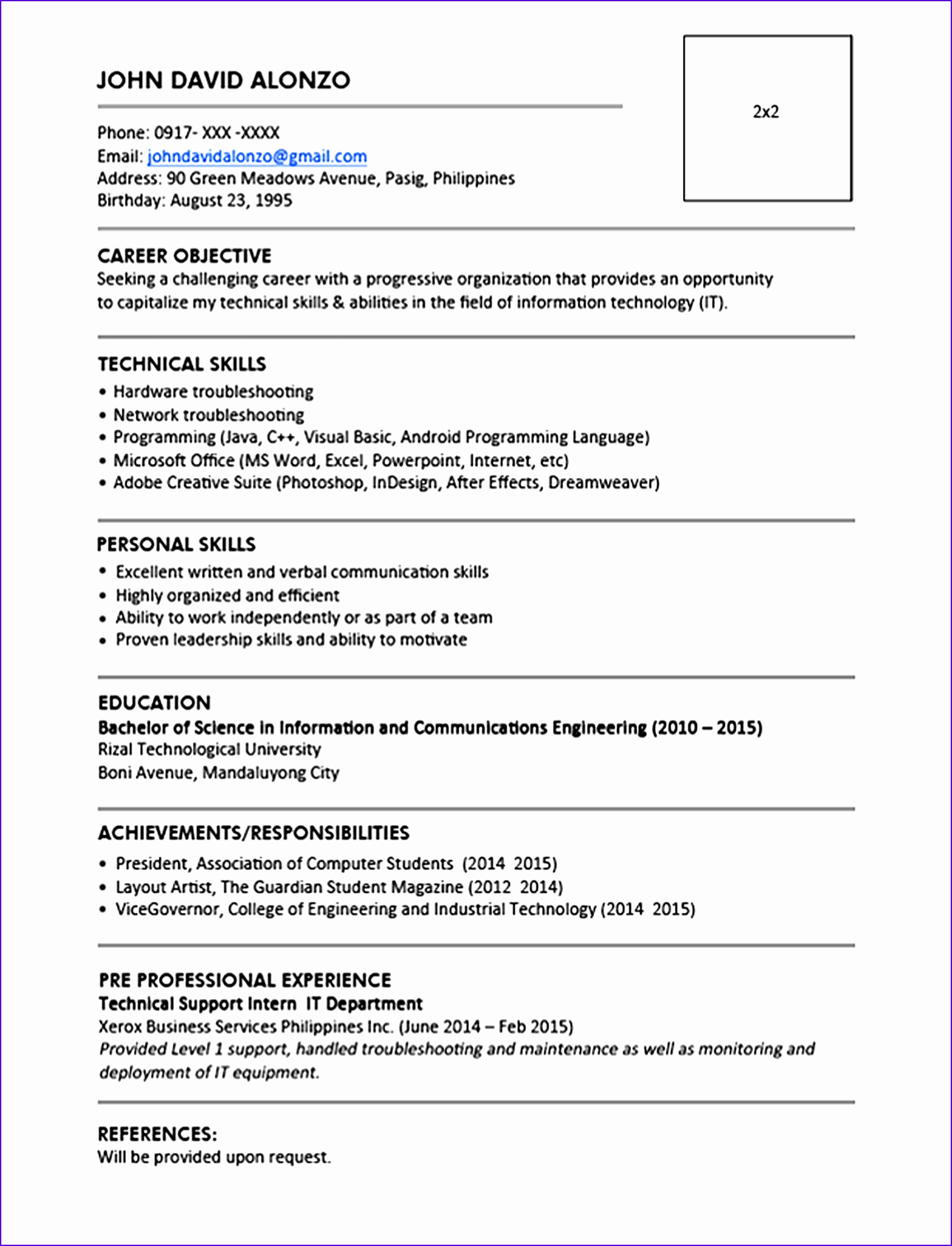 Sample Resume Format for Fresh Graduates e Page Format 1 23203036