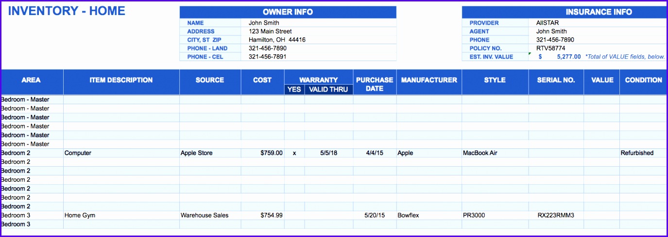 Home inventory template in Excel 1375489