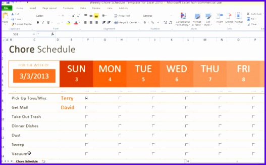 weekly chore schedule template for excel 2013 1 527326
