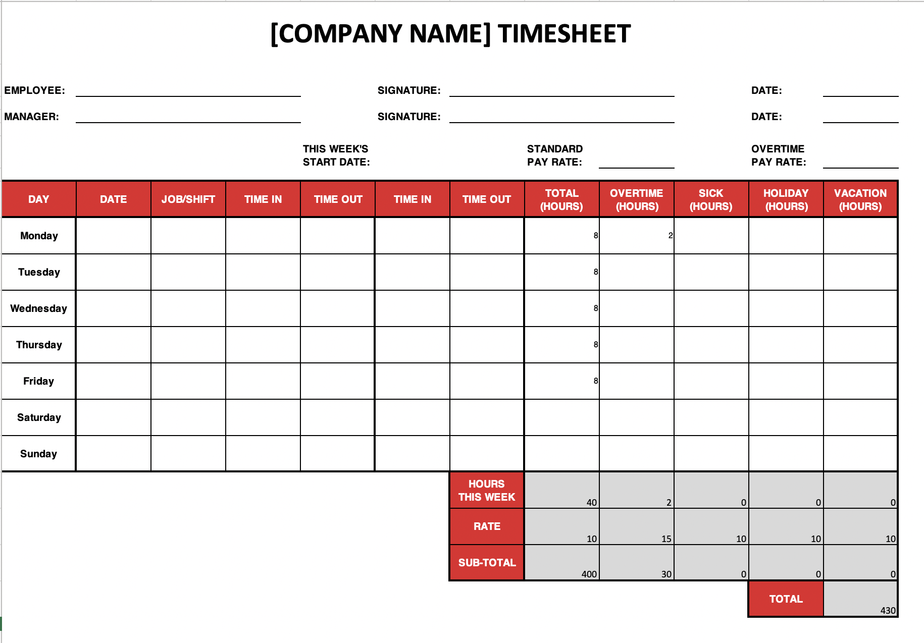 Weekly Time Card Template Free